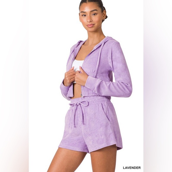 Zenana Outfitters Sweaters - Loop Terry Zip Up Cropped Hoodie & Shorts Set